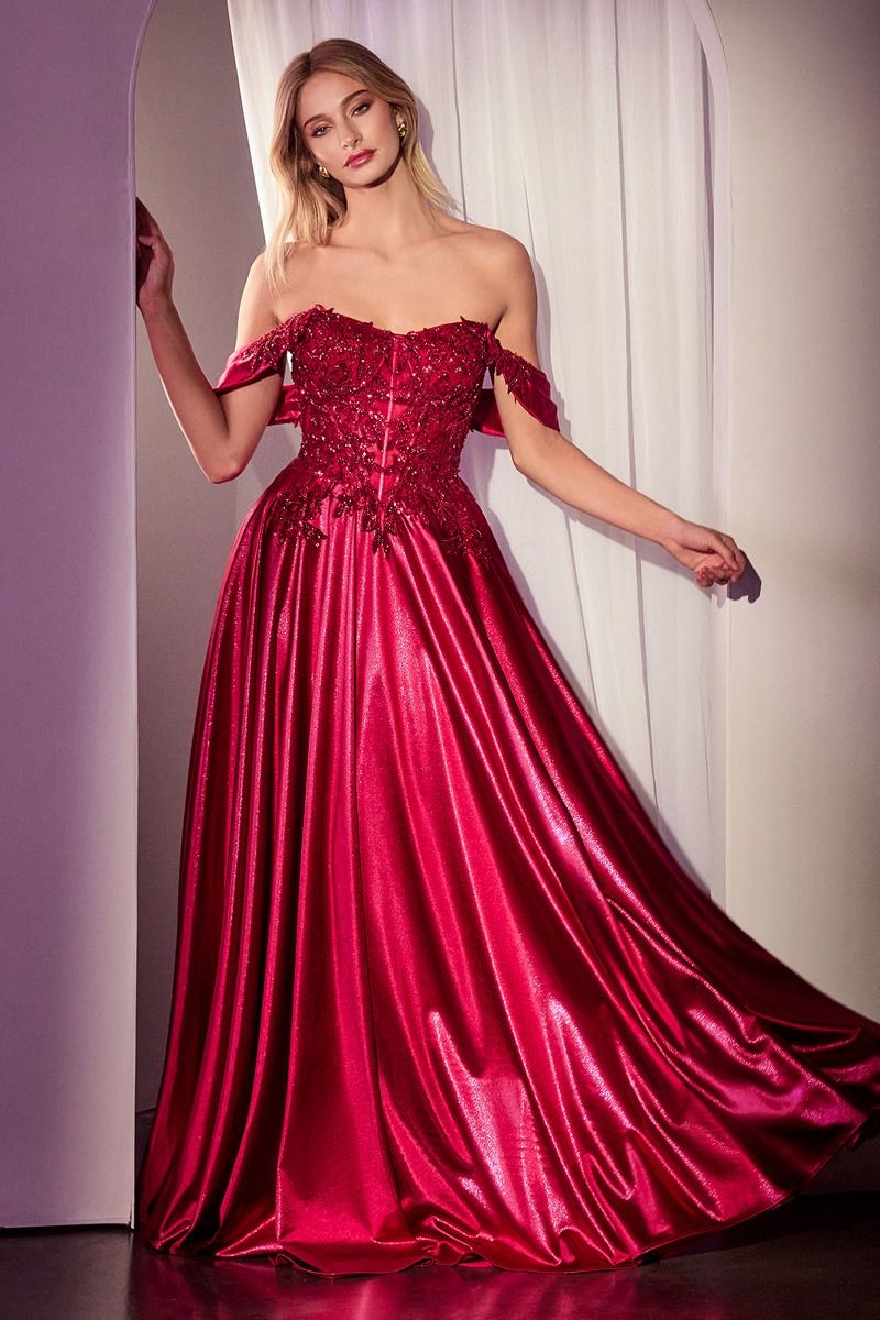 Off-Shoulder Embroidered Satin Ball Gown with Corset Bodice CDS525