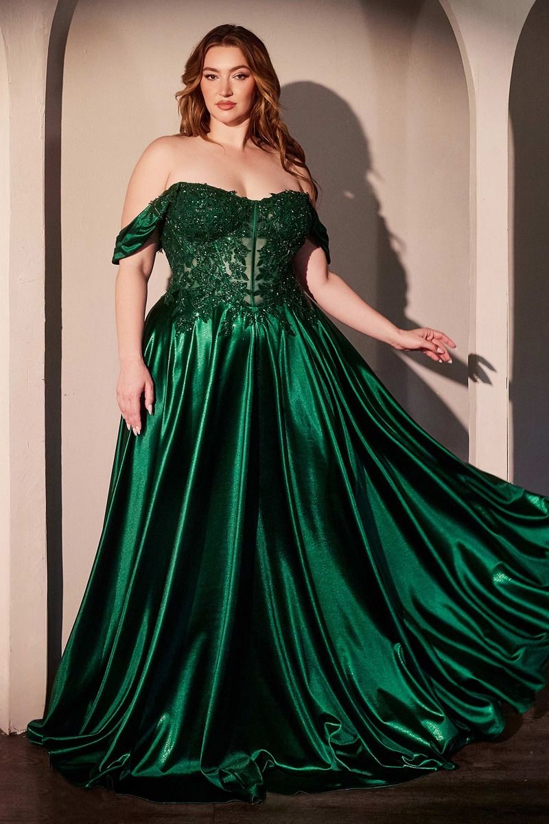 Off-Shoulder Embroidered Satin Ball Gown with Corset Bodice CDS525