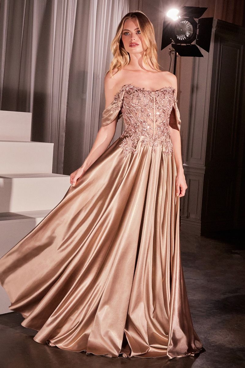 Off-Shoulder Embroidered Satin Ball Gown with Corset Bodice CDS525