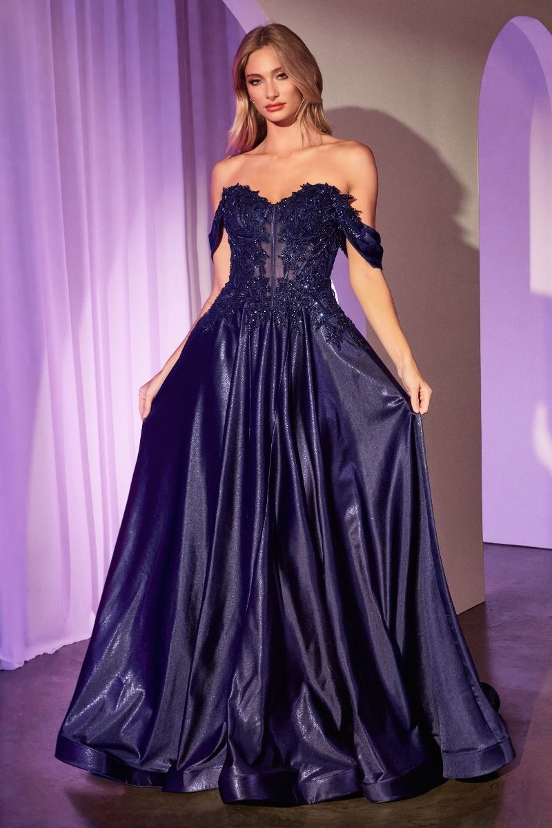 Off-Shoulder Embroidered Satin Ball Gown with Corset Bodice CDS525